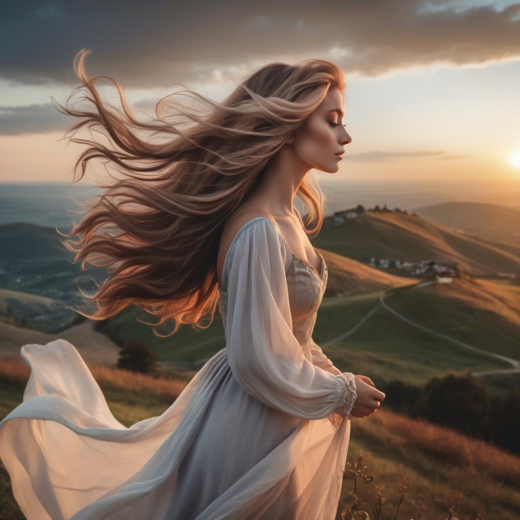 A stunning image of romantic lady with flowing hair on a hilltop at sunset.
