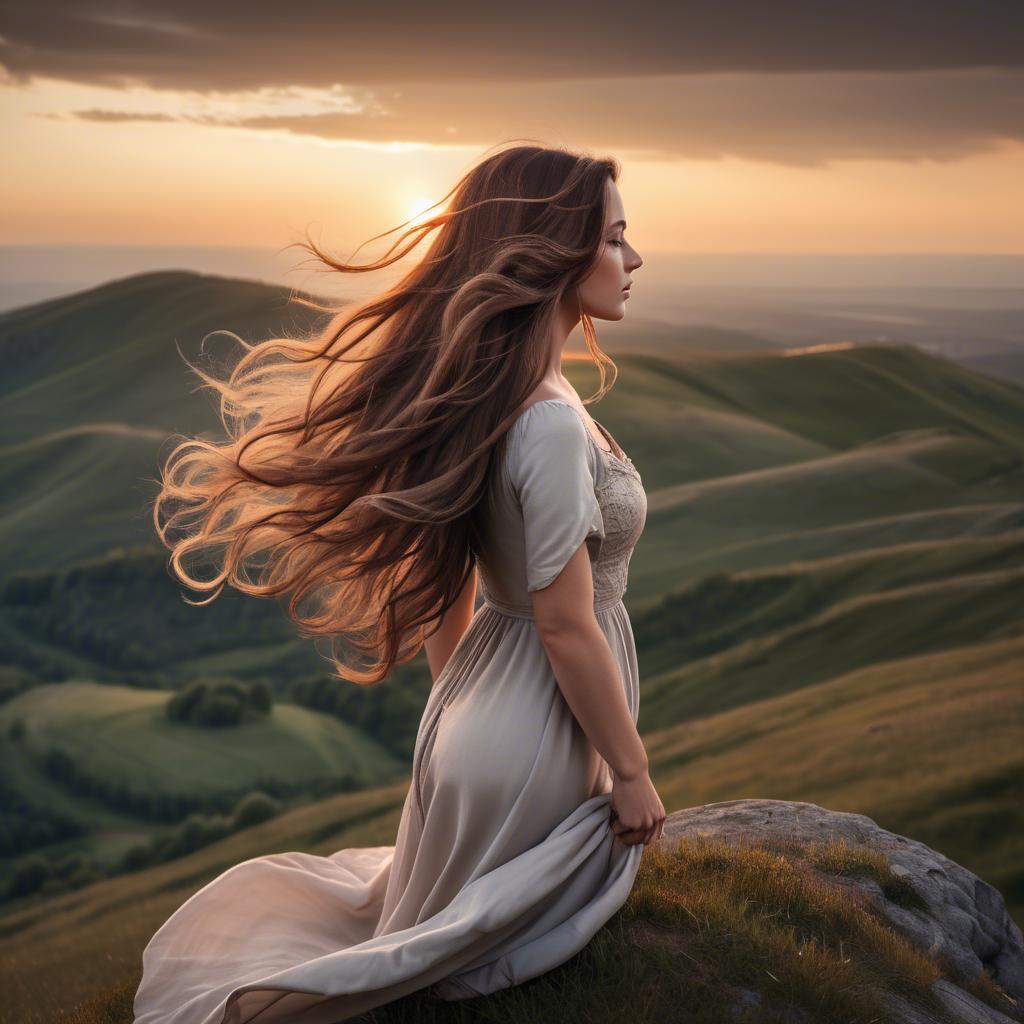 A stunning image of romantic lady with flowing hair on a hilltop at sunset.