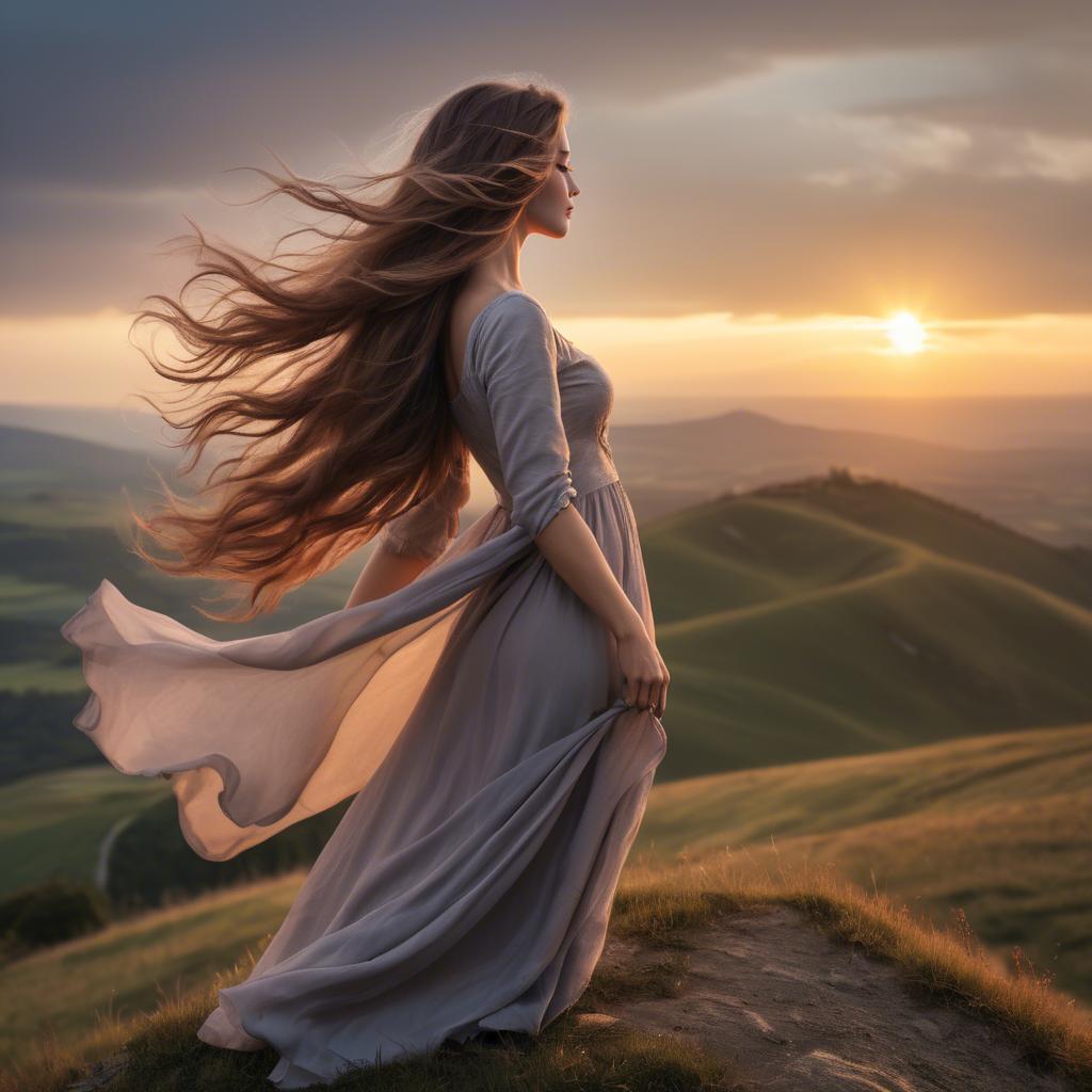 A stunning image of romantic lady with flowing hair on a hilltop at sunset.