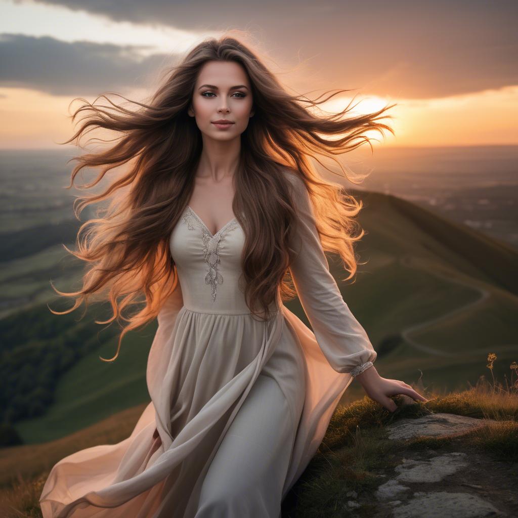 A stunning image of romantic lady with flowing hair on a hilltop at sunset.