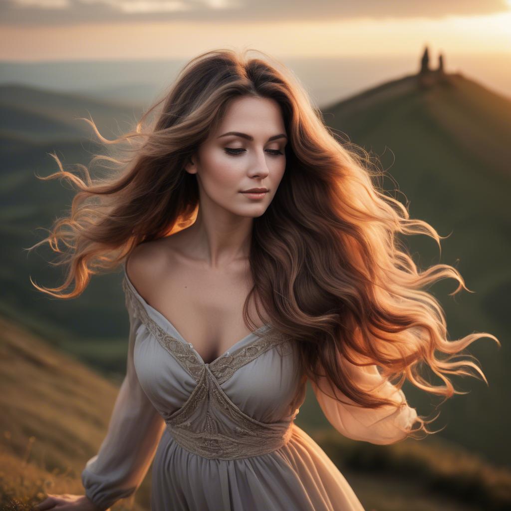 A stunning image of romantic lady with flowing hair on a hilltop at sunset.