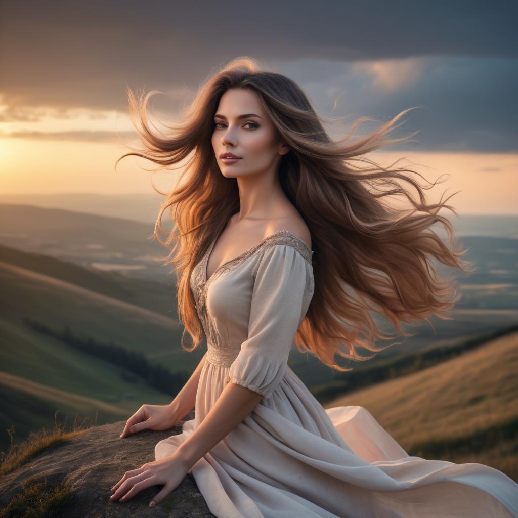 A stunning image of romantic lady with flowing hair on a hilltop at sunset.