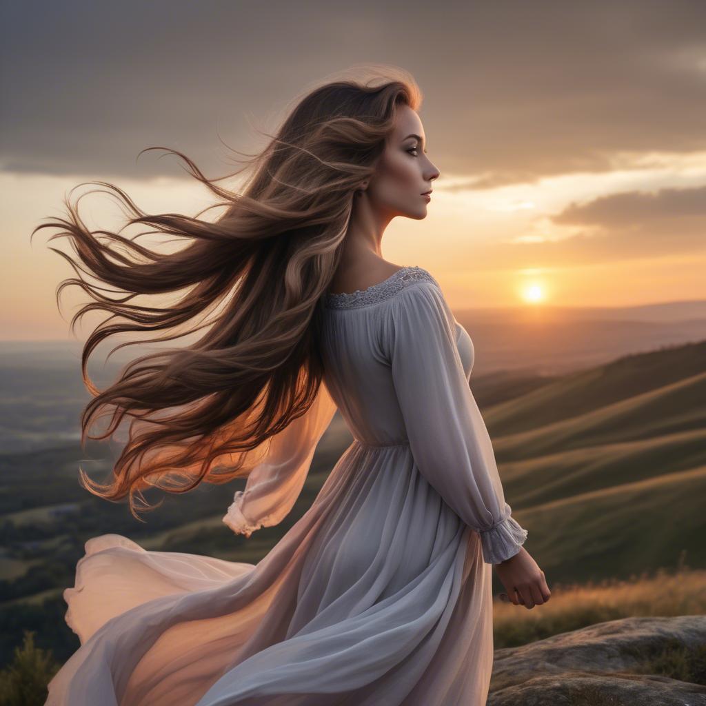 A stunning image of romantic lady with flowing hair on a hilltop at sunset.
