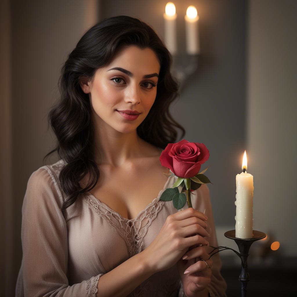 A stunning image of romantic woman holding a rose in a candlelit room.