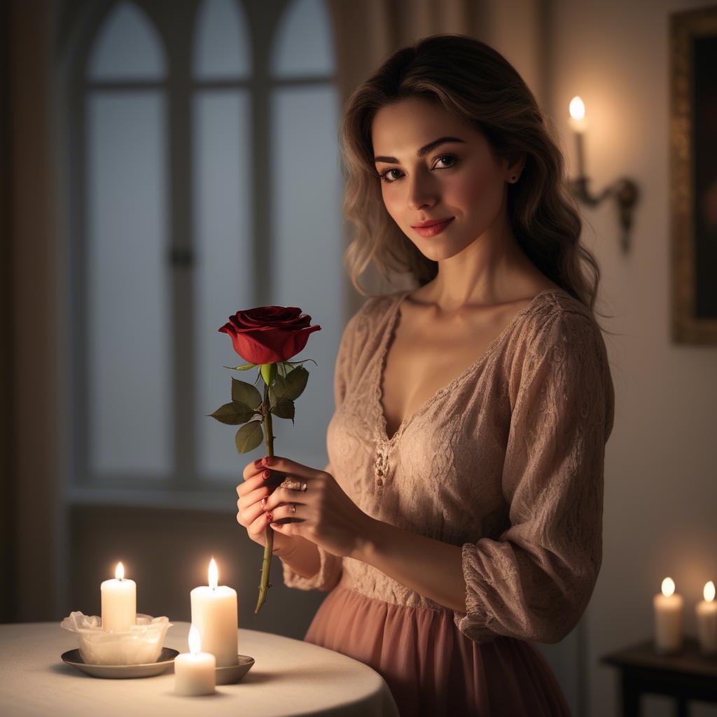 A stunning image of romantic woman holding a rose in a candlelit room.