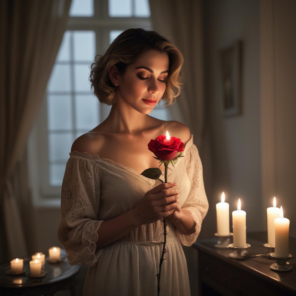 A stunning image of romantic woman holding a rose in a candlelit room.