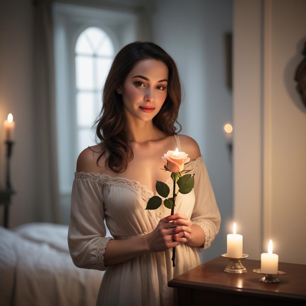 A stunning image of romantic woman holding a rose in a candlelit room.