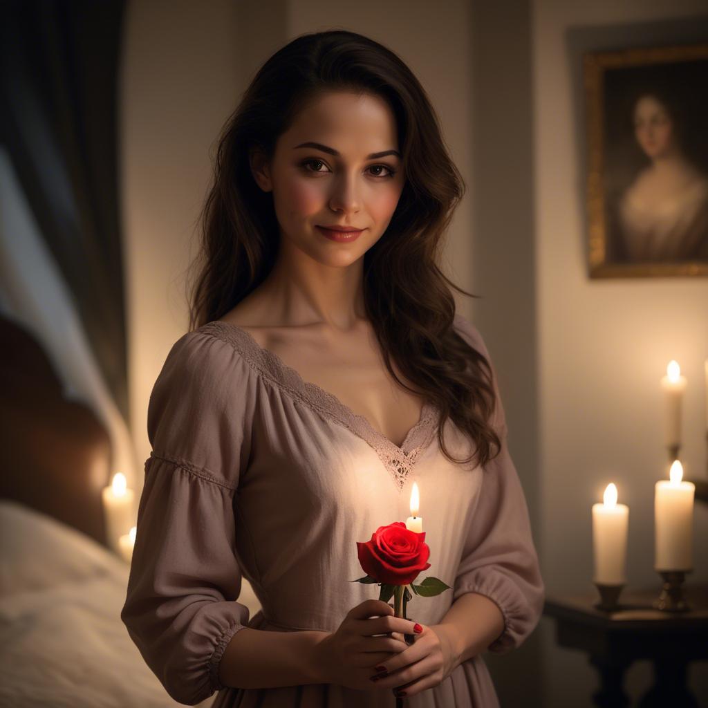 A stunning image of romantic woman holding a rose in a candlelit room.
