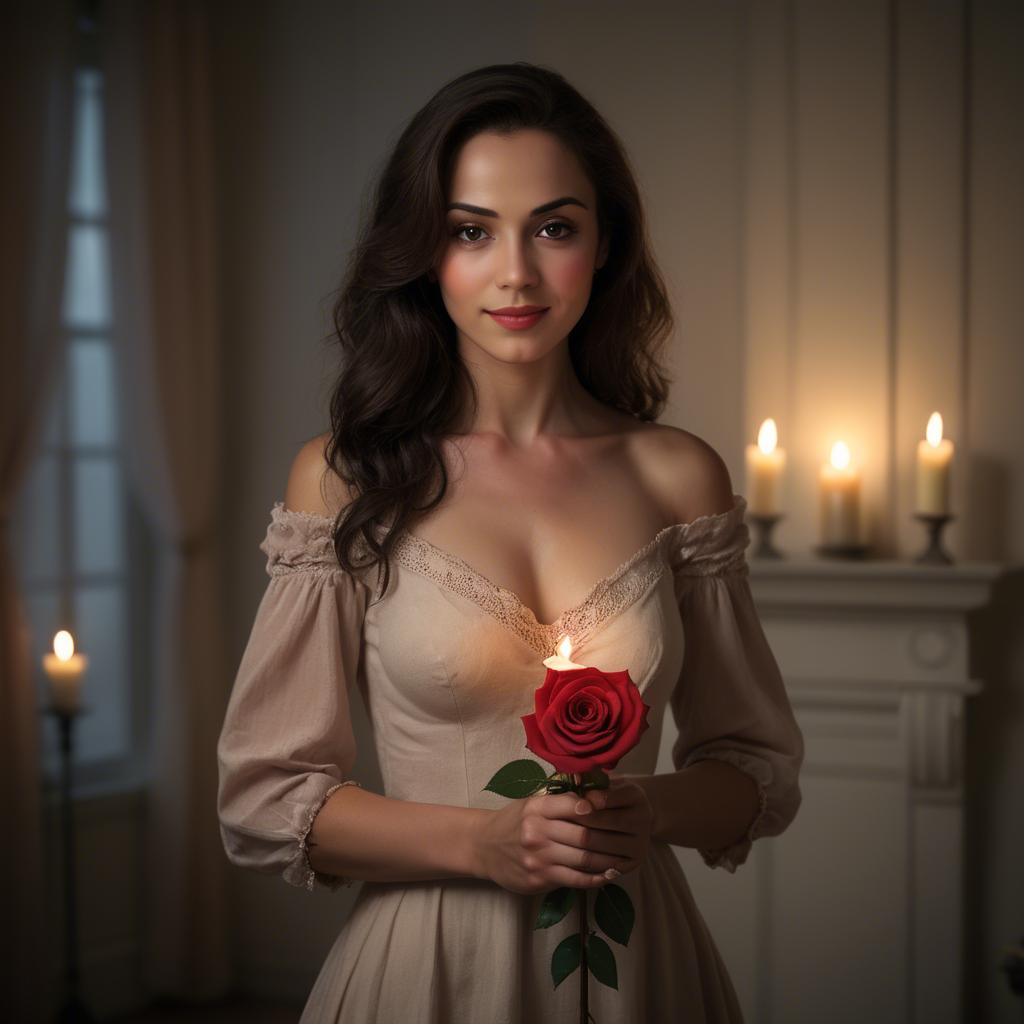 A stunning image of romantic woman holding a rose in a candlelit room.