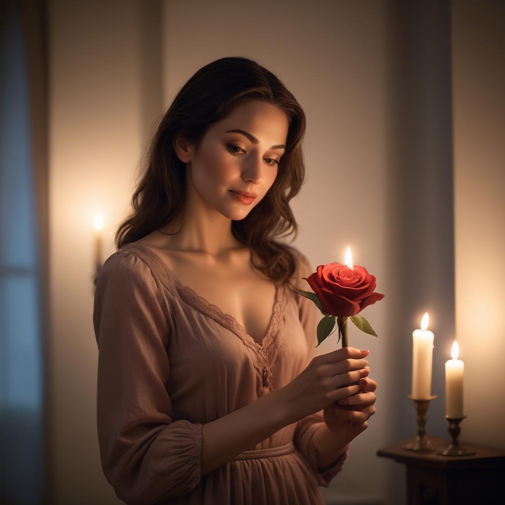 A stunning image of romantic woman holding a rose in a candlelit room.