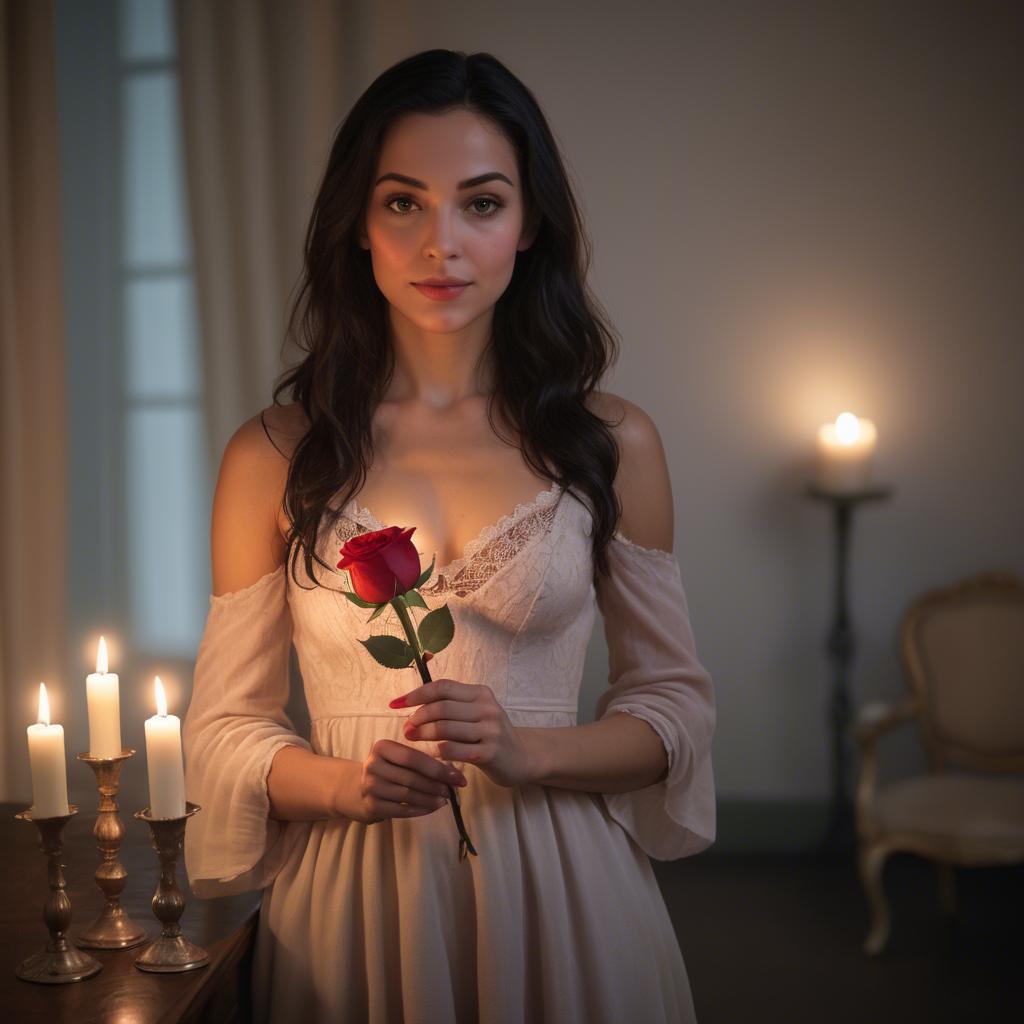 A stunning image of romantic woman holding a rose in a candlelit room.