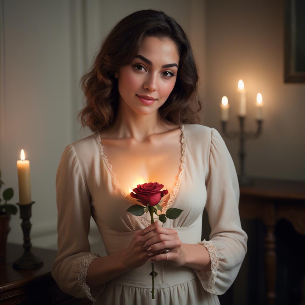 A stunning image of romantic woman holding a rose in a candlelit room.