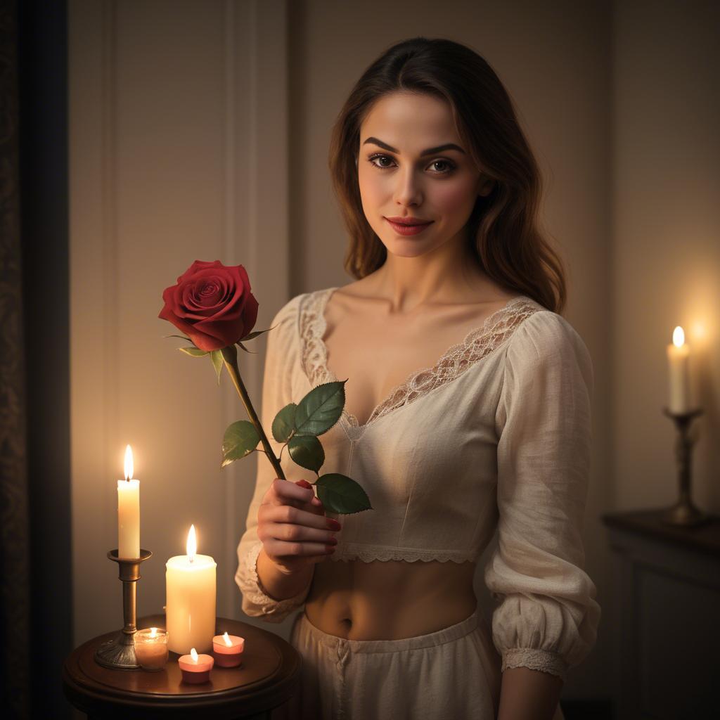 A stunning image of romantic woman holding a rose in a candlelit room.