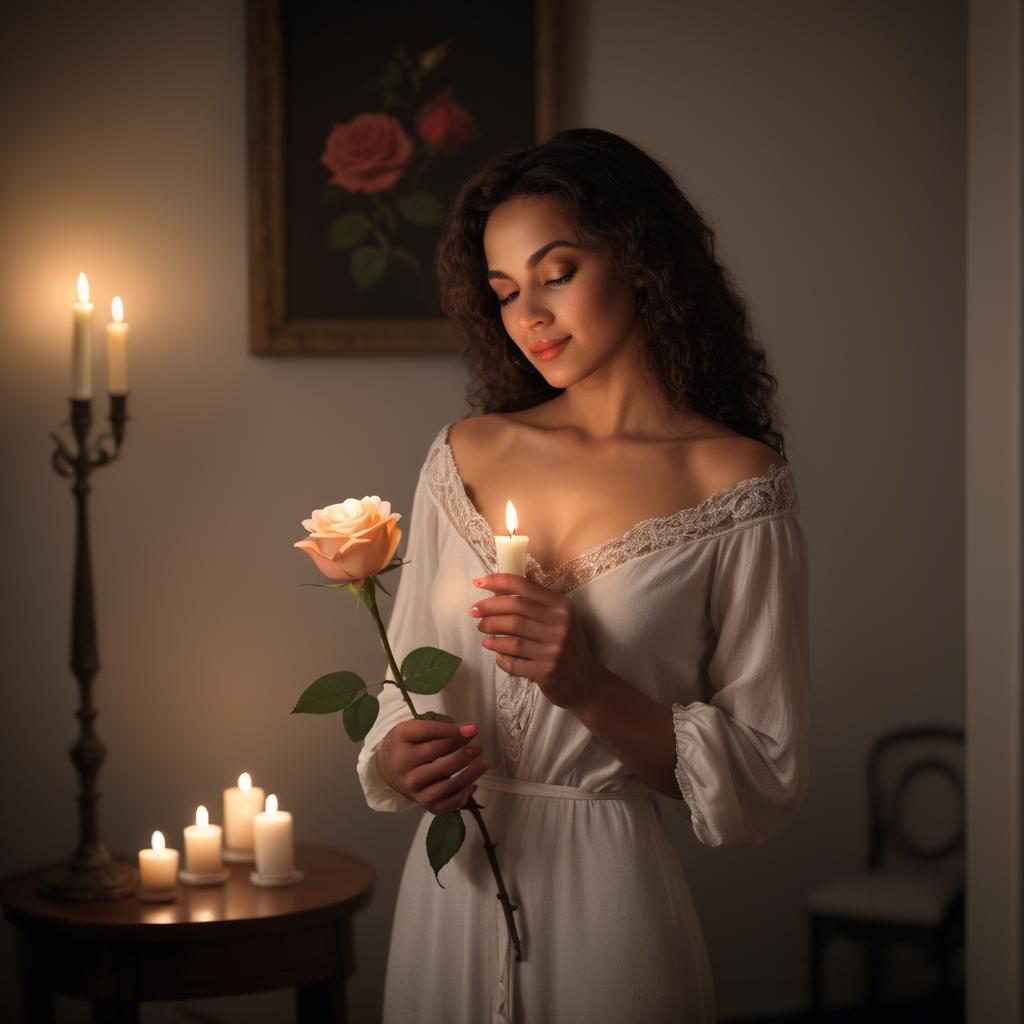 A stunning image of romantic woman holding a rose in a candlelit room.