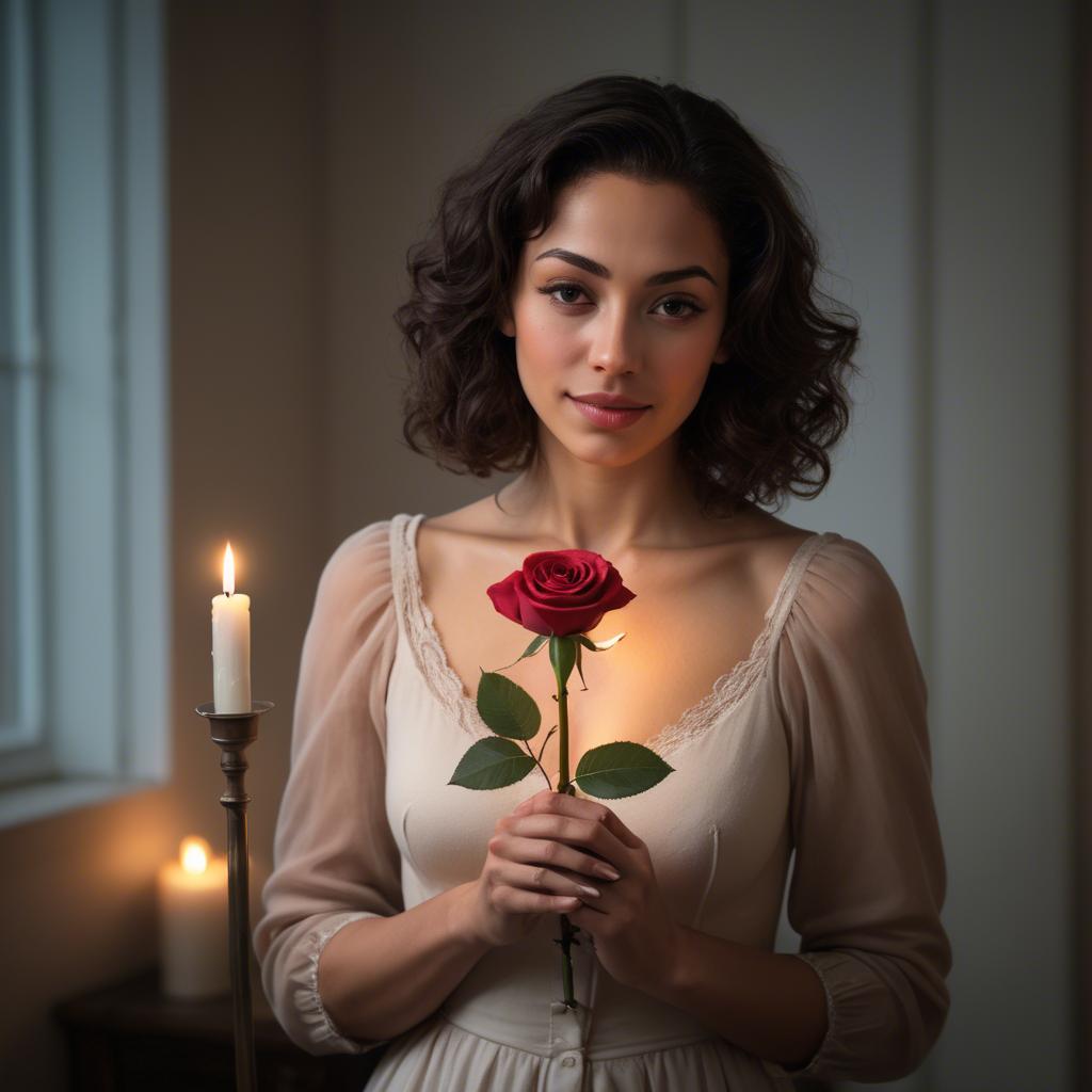 A stunning image of romantic woman holding a rose in a candlelit room.