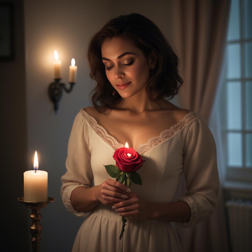A stunning image of romantic woman holding a rose in a candlelit room.