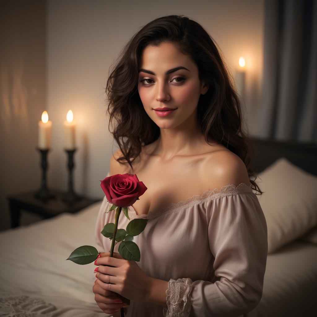 A stunning image of romantic woman holding a rose in a candlelit room.