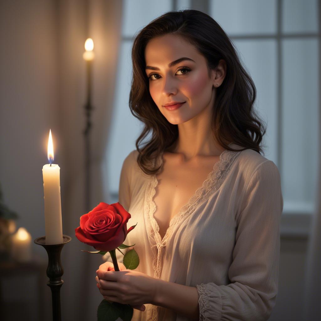A stunning image of romantic woman holding a rose in a candlelit room.