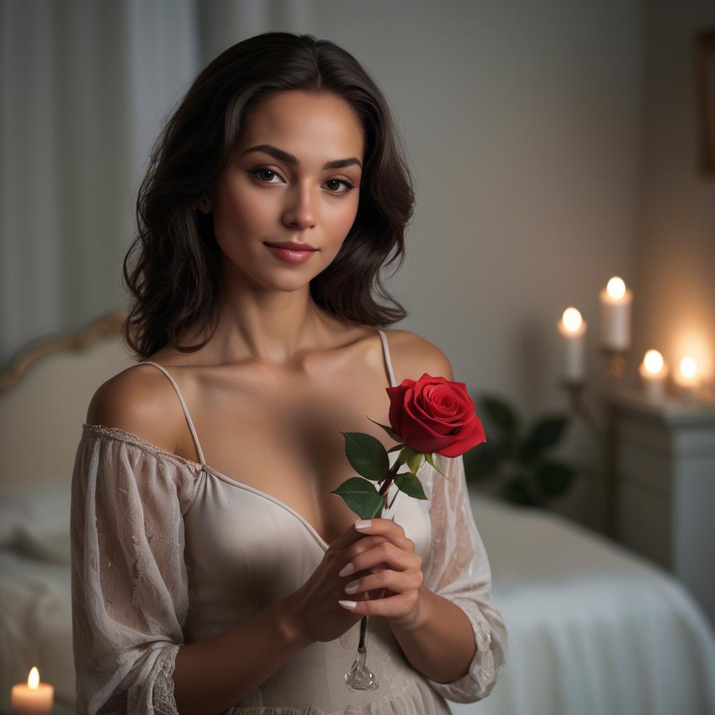 A stunning image of romantic woman holding a rose in a candlelit room.