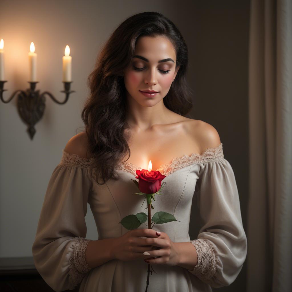 A stunning image of romantic woman holding a rose in a candlelit room.