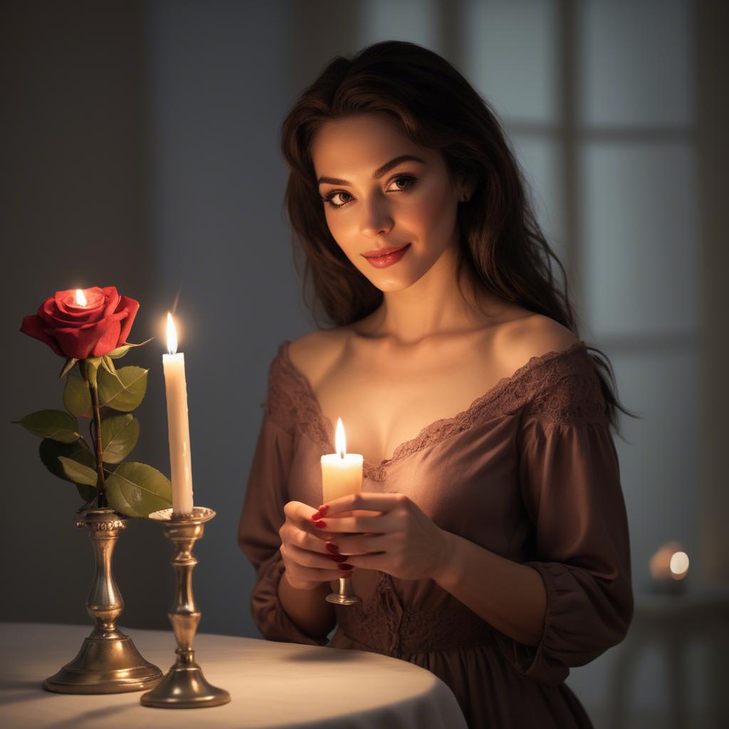 A stunning image of romantic woman holding a rose in a candlelit room.