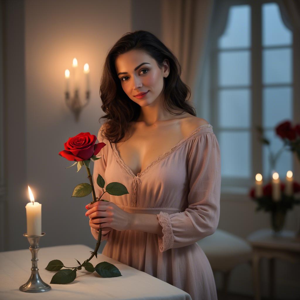 A stunning image of romantic woman holding a rose in a candlelit room.