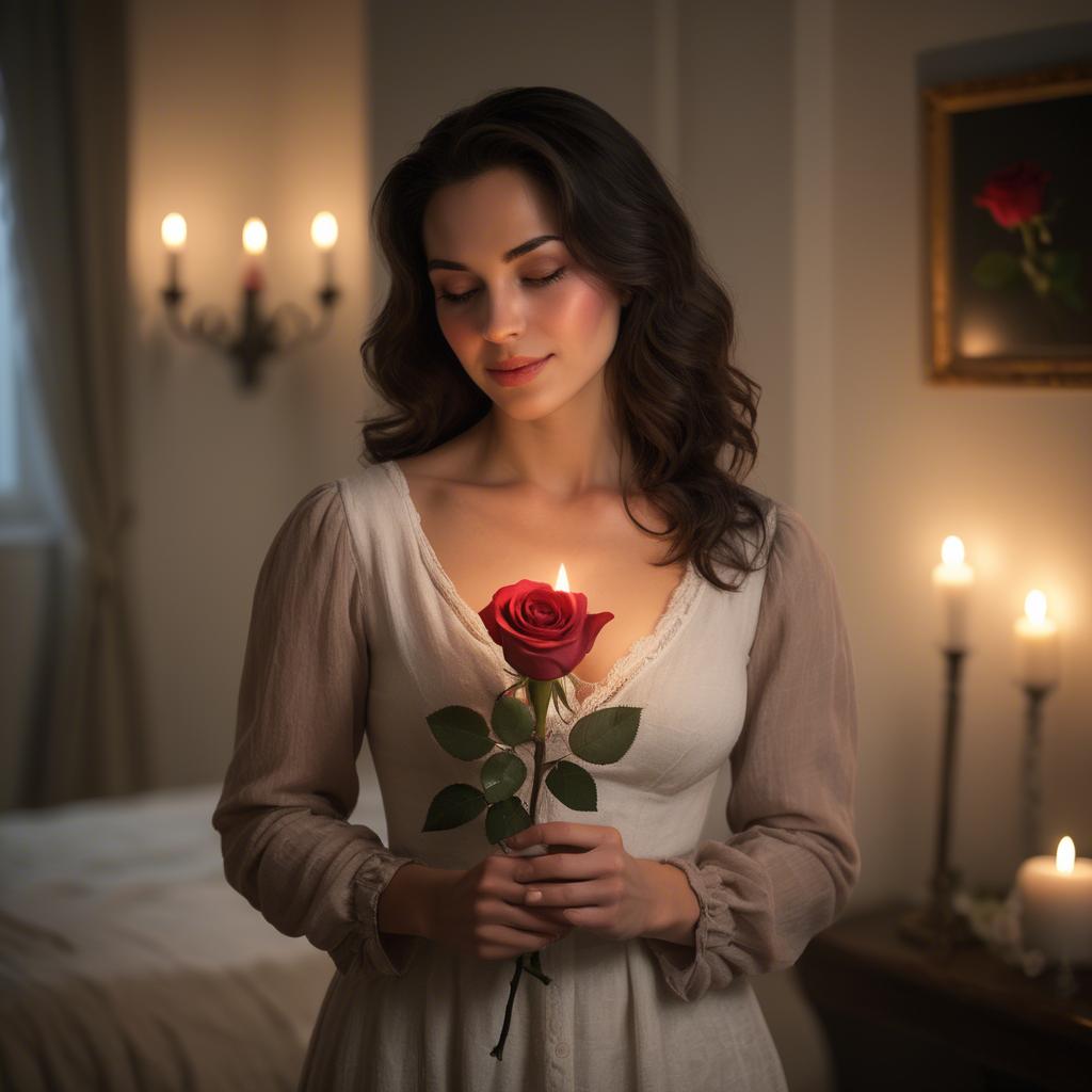 A stunning image of romantic woman holding a rose in a candlelit room.