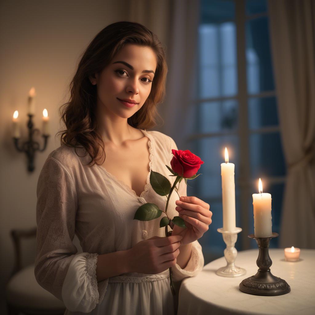 A stunning image of romantic woman holding a rose in a candlelit room.
