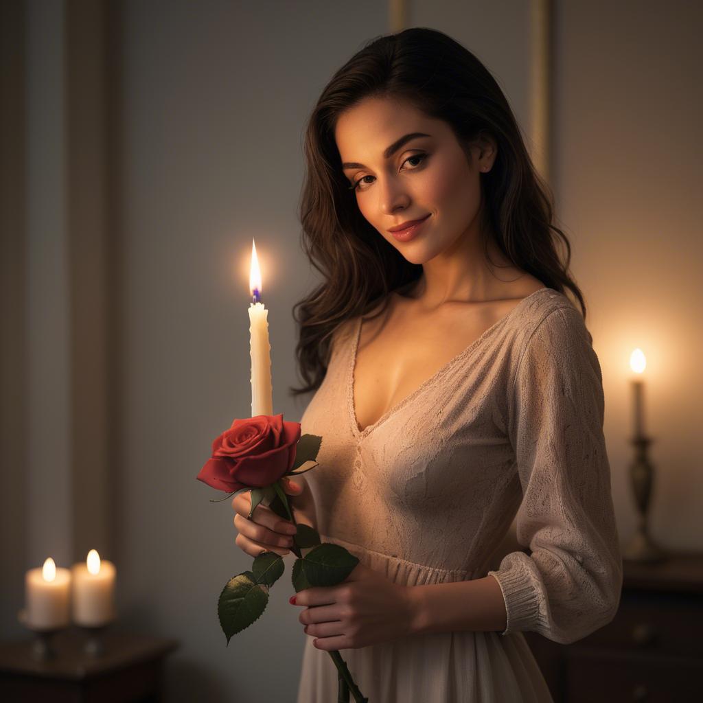 A stunning image of romantic woman holding a rose in a candlelit room.