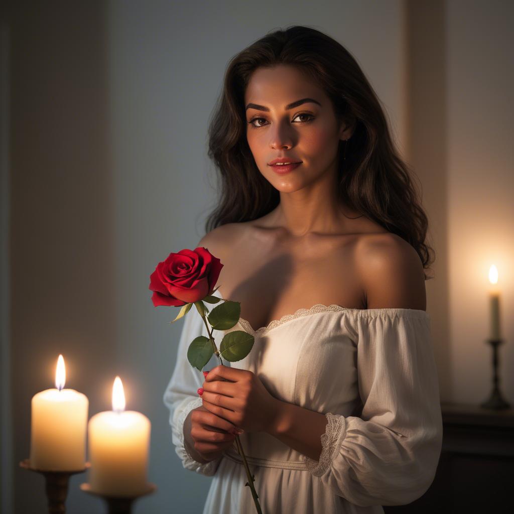 A stunning image of romantic woman holding a rose in a candlelit room.
