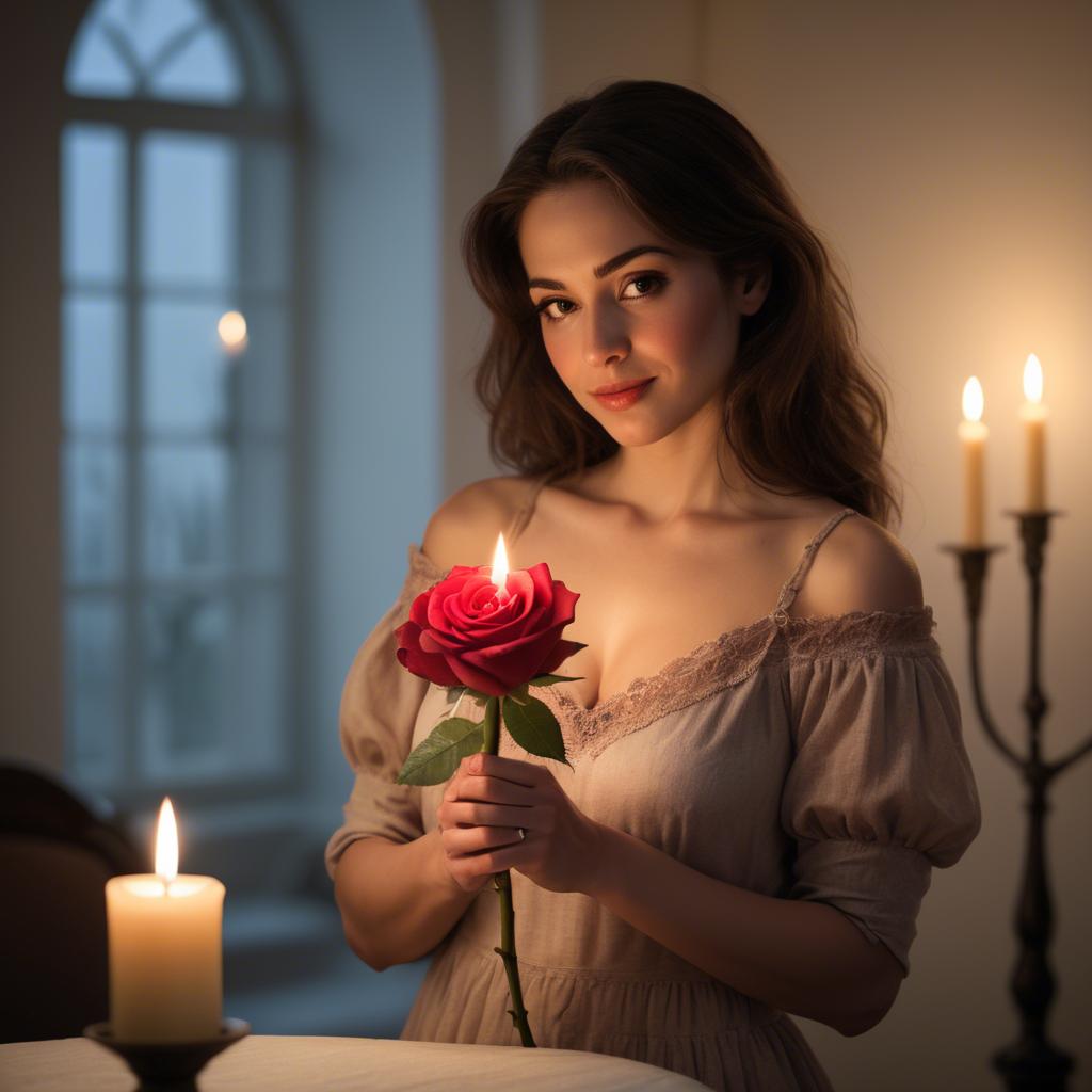 A stunning image of romantic woman holding a rose in a candlelit room.