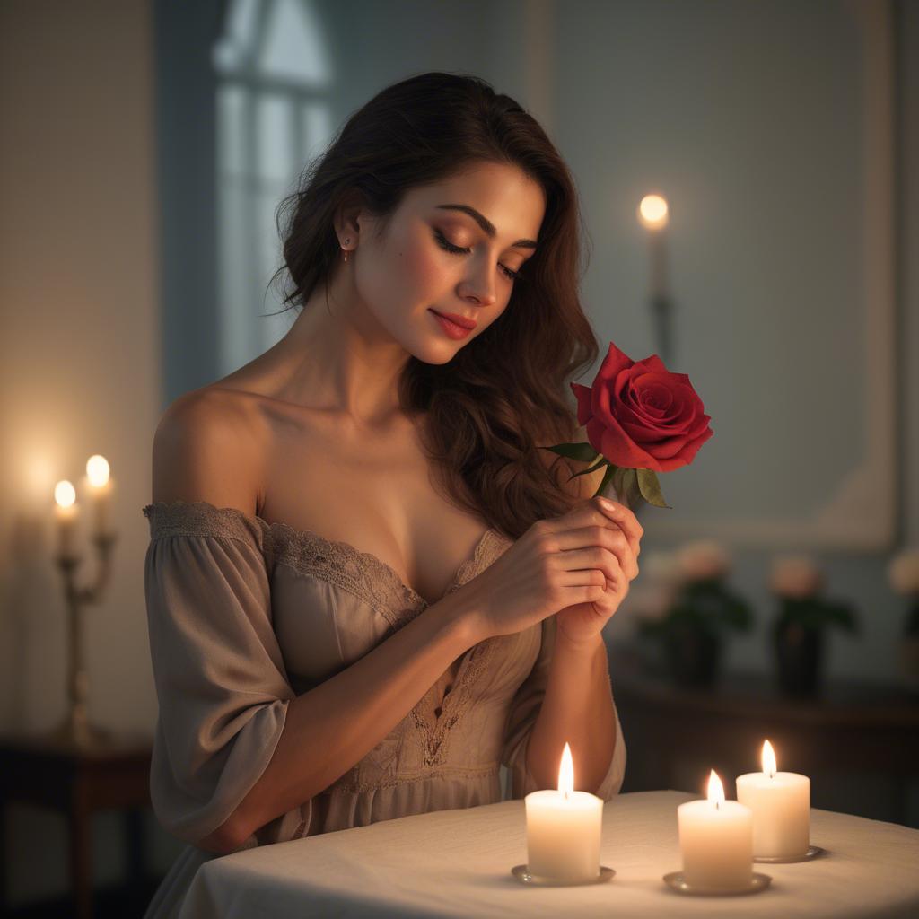 A stunning image of romantic woman holding a rose in a candlelit room.