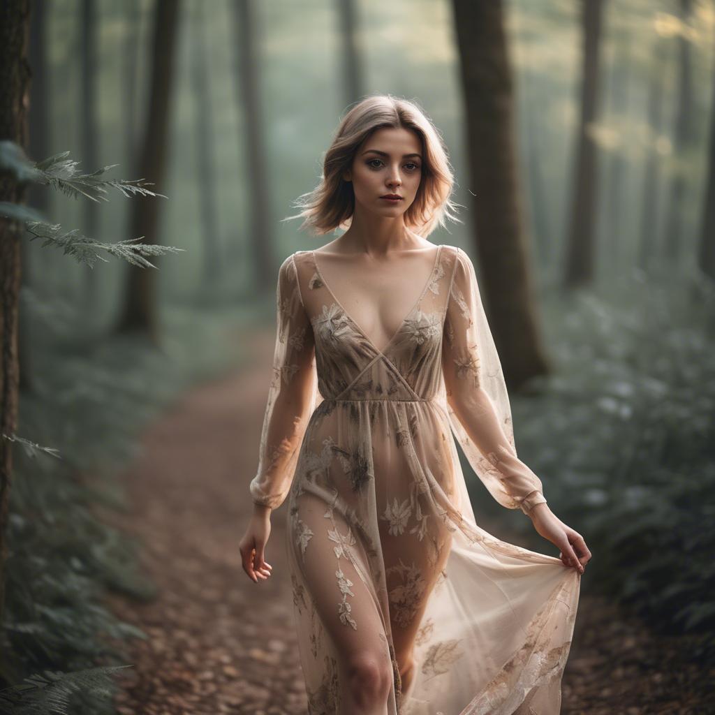 A stunning image of romantic woman in a sheer dress walking through the woods.