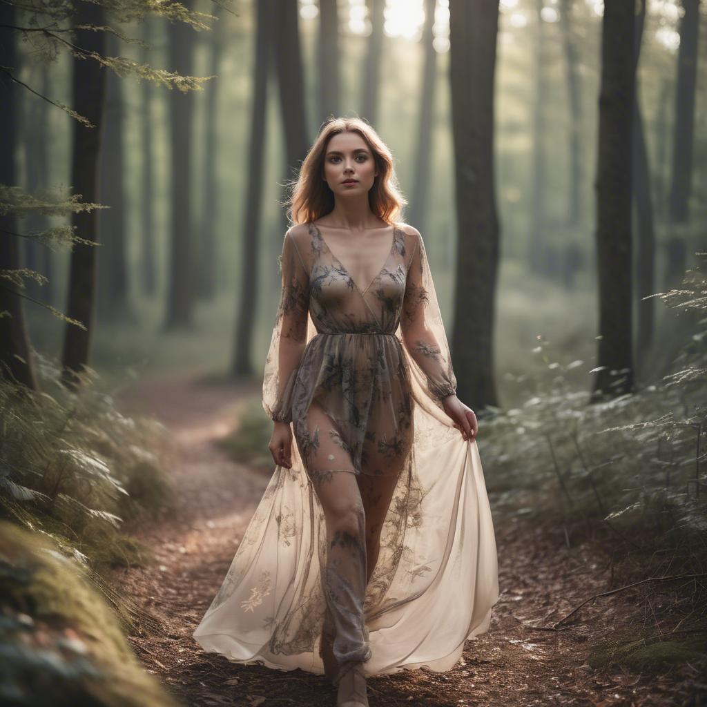 A stunning image of romantic woman in a sheer dress walking through the woods.