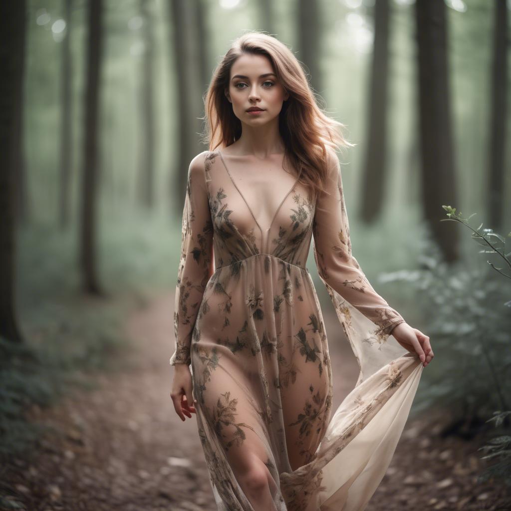 A stunning image of romantic woman in a sheer dress walking through the woods.