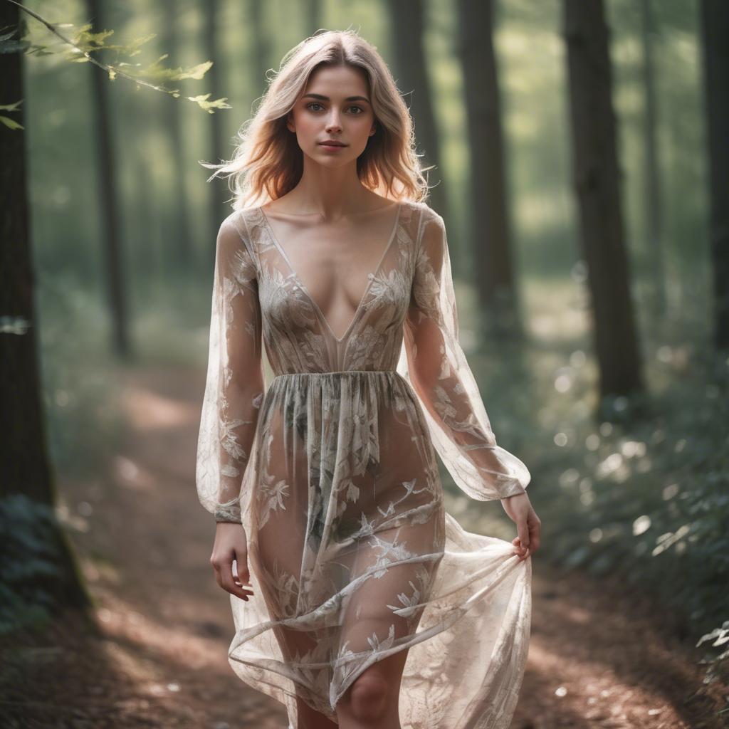 A stunning image of romantic woman in a sheer dress walking through the woods.