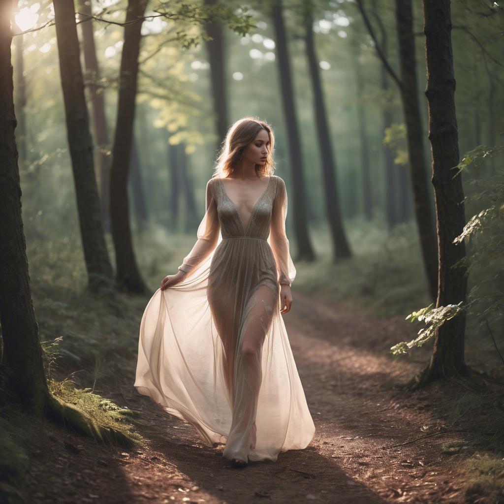 A stunning image of romantic woman in a sheer dress walking through the woods.
