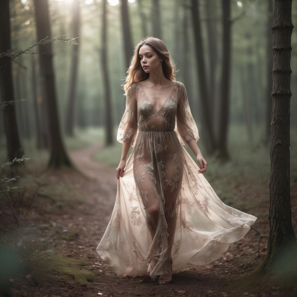 A stunning image of romantic woman in a sheer dress walking through the woods.