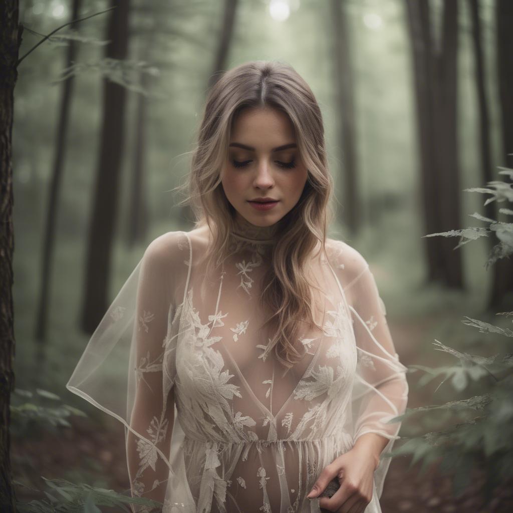 A stunning image of romantic woman in a sheer dress walking through the woods.