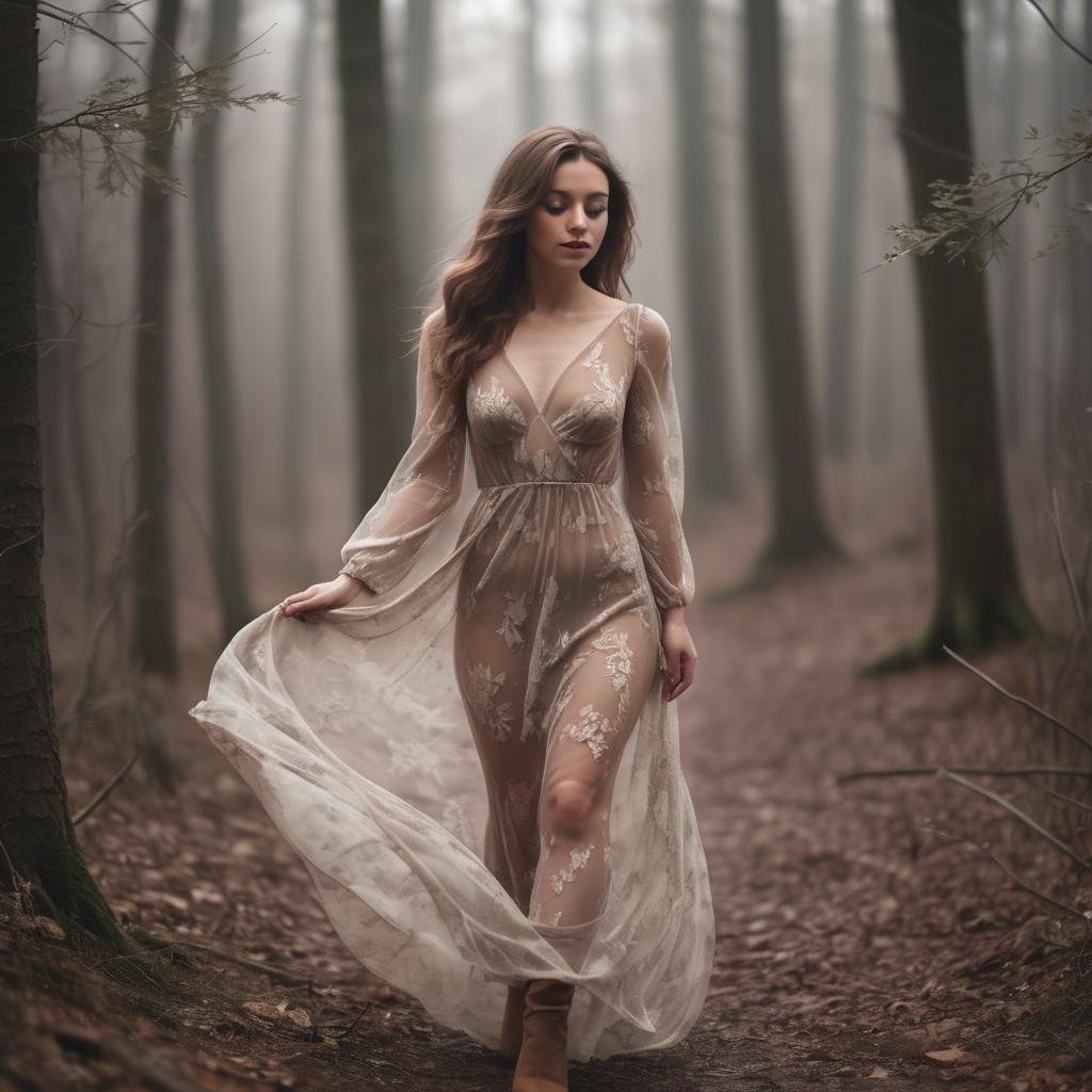 A stunning image of romantic woman in a sheer dress walking through the woods.