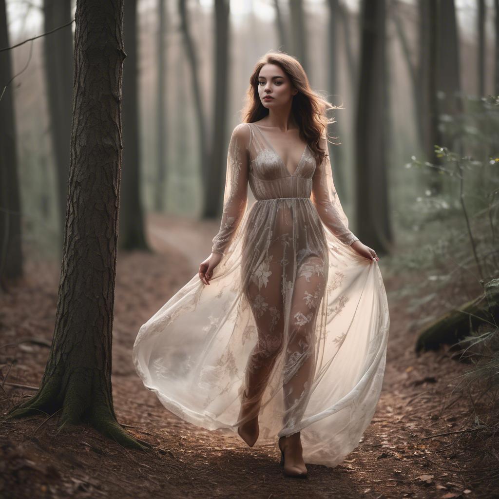 A stunning image of romantic woman in a sheer dress walking through the woods.