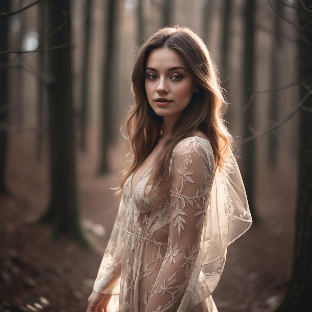 A stunning image of romantic woman in a sheer dress walking through the woods.