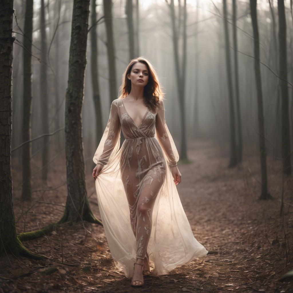 A stunning image of romantic woman in a sheer dress walking through the woods.