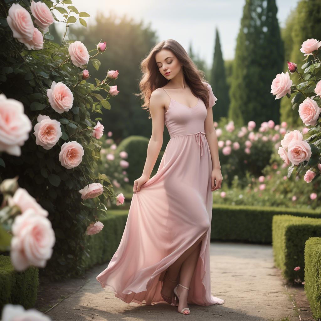 A stunning image of romantic woman in a soft pink dress in a rose garden.