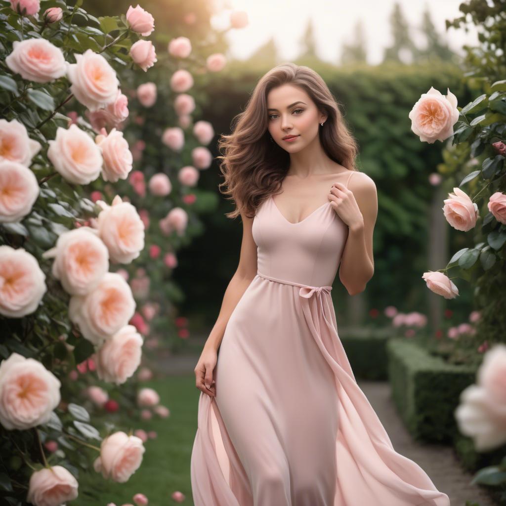 A stunning image of romantic woman in a soft pink dress in a rose garden.