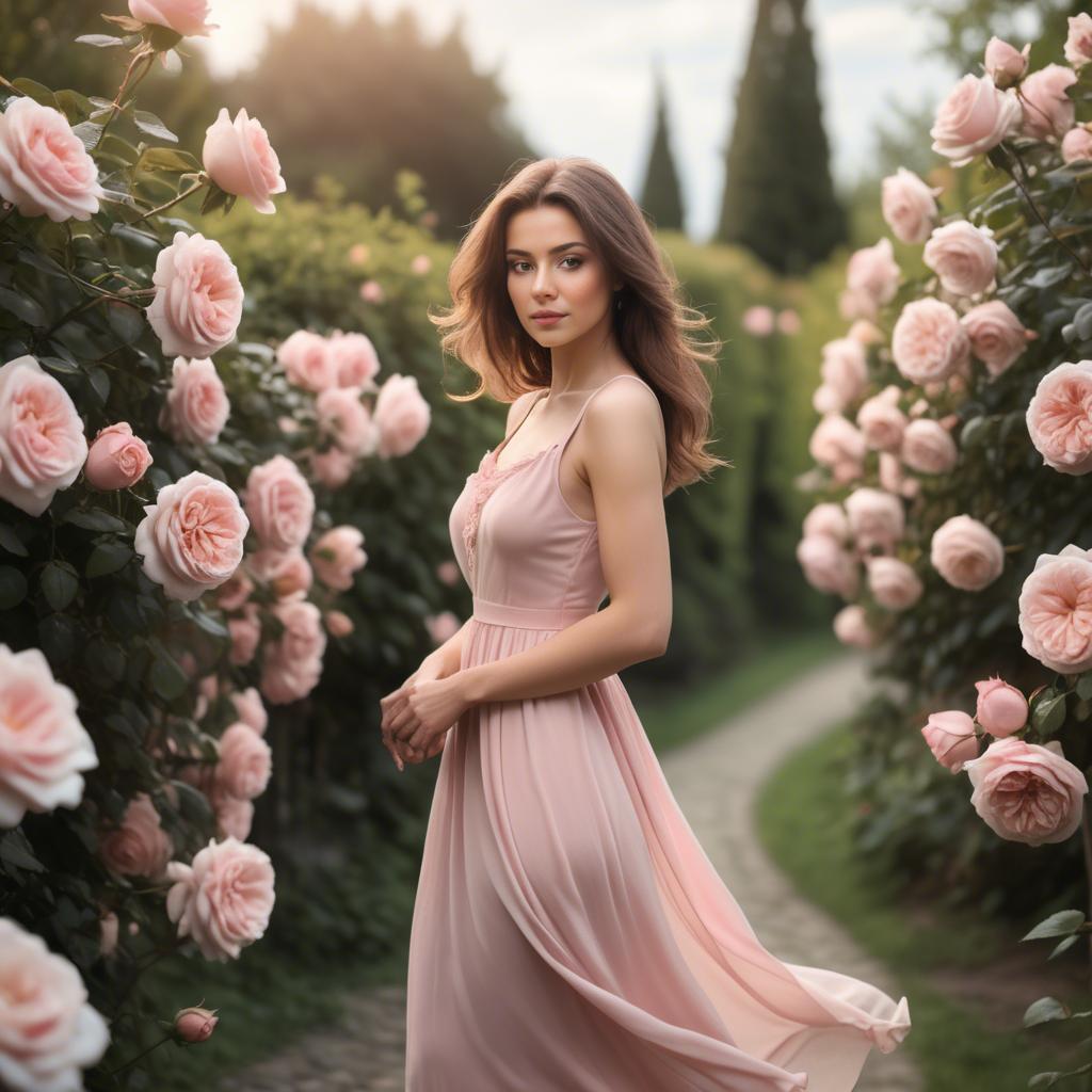 A stunning image of romantic woman in a soft pink dress in a rose garden.
