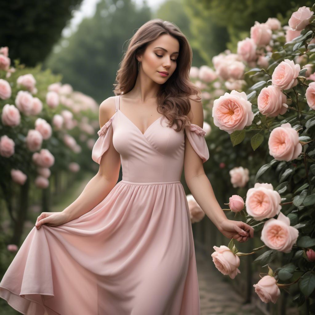 A stunning image of romantic woman in a soft pink dress in a rose garden.