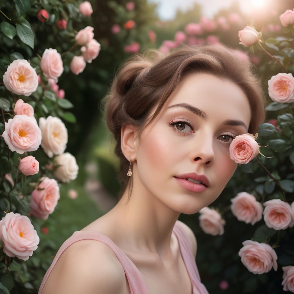 A stunning image of romantic woman in a soft pink dress in a rose garden.