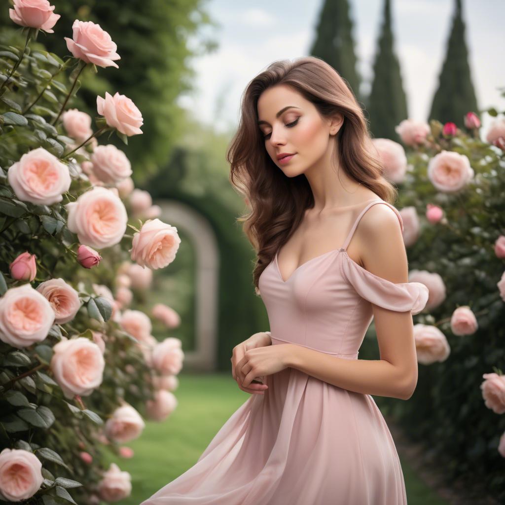 A stunning image of romantic woman in a soft pink dress in a rose garden.