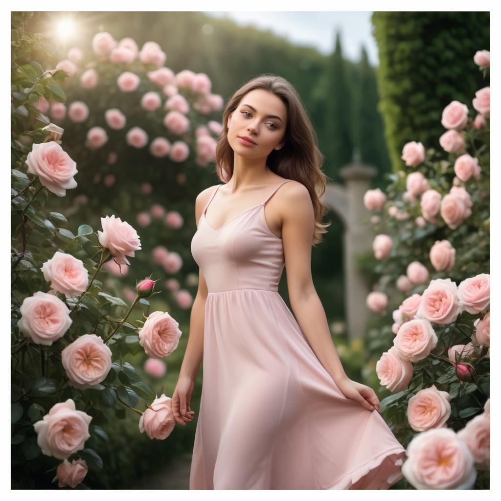 A stunning image of romantic woman in a soft pink dress in a rose garden.